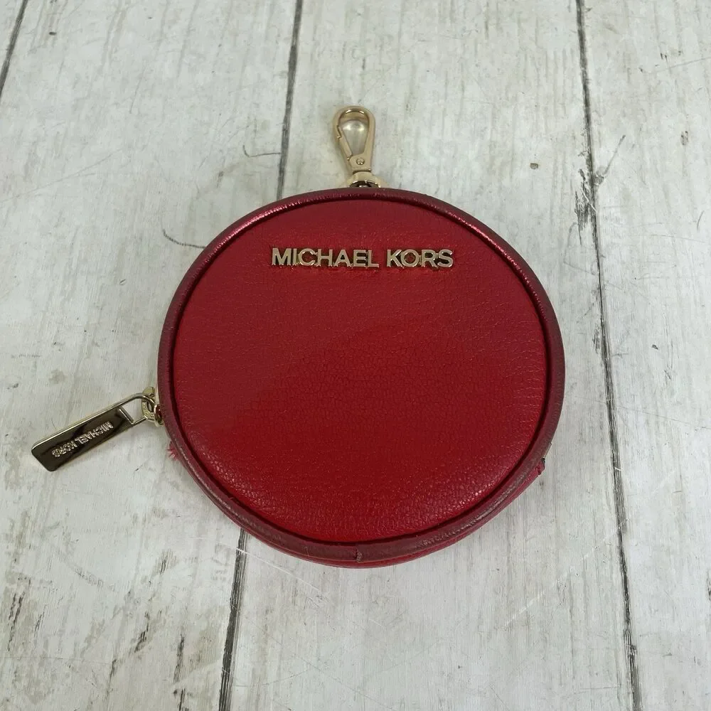 Michael Kors Round Coin Purse Keychain Red Zip Pouch AirPods Case
